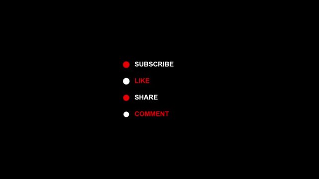 Graphic call to action elements with subscribe, like, share, and comment text on black background