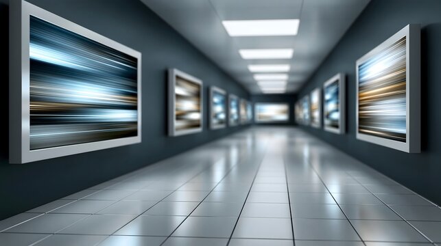 Abstract digital technology background, futuristic electronic screens emerging from darkness, glowing blue and silver light trails, elegant reflections, premium corporate technology artwork