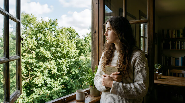 A contemplative young woman wearing a cozy sweater looking out of a sunlit window at green trees