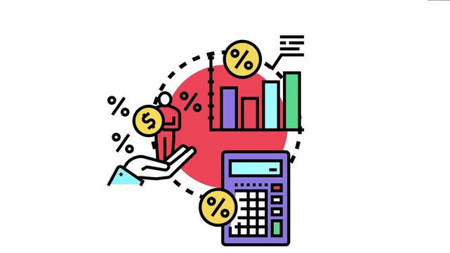Financial showing a hand supporting a borrower with money, a calculator, and a bar chart, all connected with percentage symbols, representing residential lending analysis