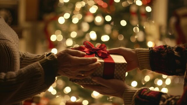 Close-up captures the moment of a gift exchange. Hands present a wrapped gift with a red ribbon, set against the backdrop of a softly glowing Christmas tree, evoking warmth and the spirit of giving.