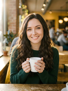 A smiling young woman with long curly hair holding a warm cup of coffee in a cozy cafe