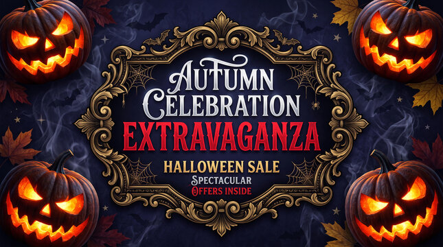 Jack-o'-lanterns flank ornate text announcing an autumn celebration, symbolizing Halloween and seasonal festivity, perfect for sale promotion