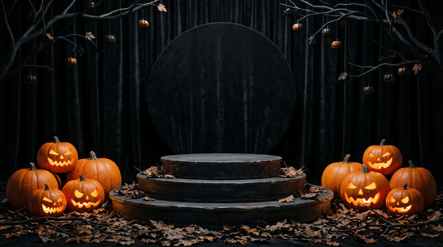 Spooky Halloween scene with carved pumpkins, a tiered display podium, bare branches, and dark velvet curtains, symbolizing the autumn holiday celebration.