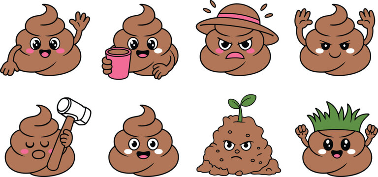 Set of cartoon poop character stickers featuring various expressions and activities like holding a hammer, wearing a hat, drinking coffee, and growing a green plant sprout