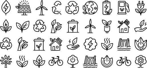 Fototapeta premium Detailed environmental vector illustration set featuring hand drawn icons representing renewable energy sustainable living clean power and global eco conservation