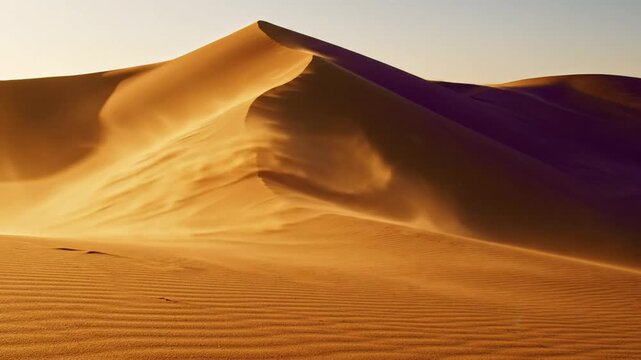 Large golden sand dune with shifting windblown particles in a vast desert landscape under bright sunset light.