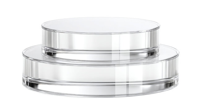 Clear glass two tier round podium pedestal for cosmetic product display, transparent crystal stand mockup, 3D render on white background
