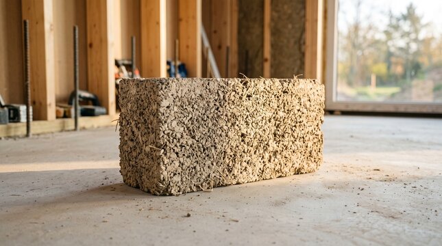 Unfinished natural building material block on concrete floor inside timber framed structure