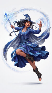 A dynamic illustration of a female wizard casting magic with a staff, showcasing mystical energy and a confident pose, representing power and fantasy.