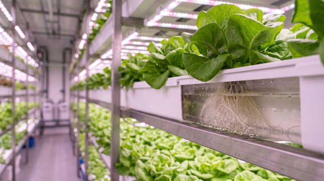 Vertical farm with rows of lettuce grown hydroponically under artificial lights