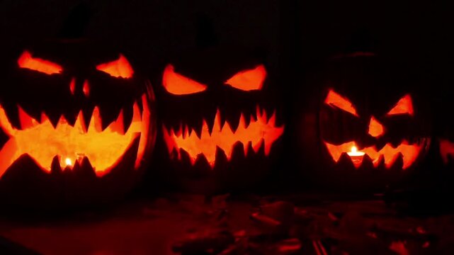 An intense, reddish-orange glow radiates from within each pumpkin, illuminating the sharp carved features and casting an eerie sheen across their dark surfaces.