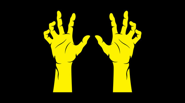 Two yellow human hands reaching upwards in a spooky or zombielike gesture against a solid