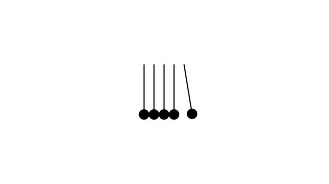 Newton's cradle pendulum animation loop on white background. Pendulum line animation. Perpetual motion, physics.Office decor, desk toy.Flat design newton's cradle swinging balls chain reaction.