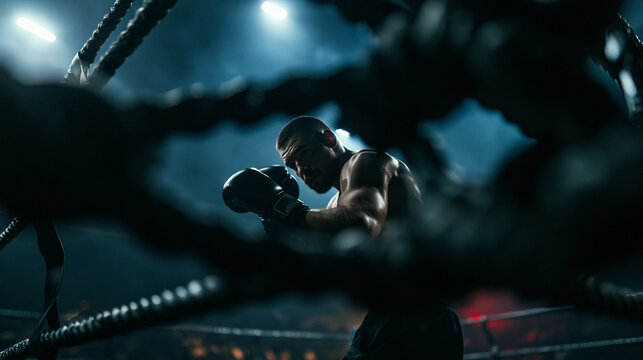 Determined Boxer in Defensive Stance in Ring