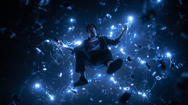 Man Floating in Cyberspace Surrounded by Glowing Devices