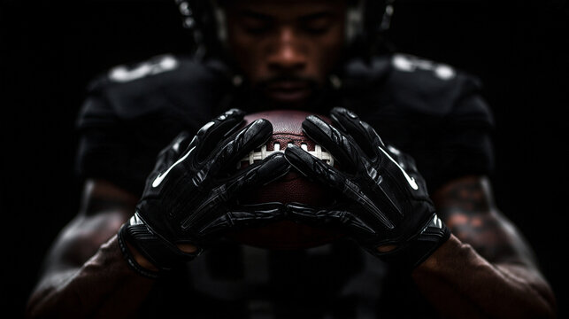 American Football Player Holding Ball in Deep Concentration