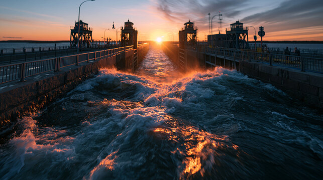 Water Rushing Through Open Lock Gates at Sunset