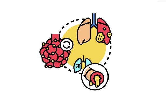 Human lungs having various health problems, including tumors, inflamed alveoli, and a blocked bronchiole with mucus, different types of respiratory tract disorders