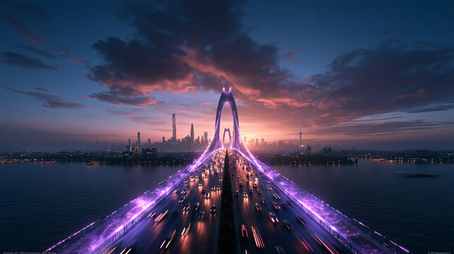 Futuristic Illuminated Bridge Traffic Leading to City Skyline at Sunset