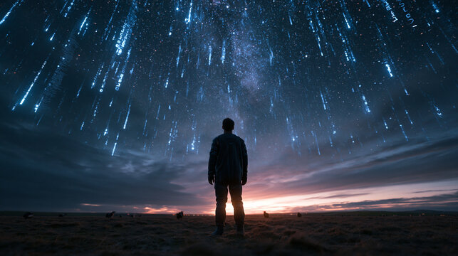 Man Standing Under Digital Data Rain in Night Sky