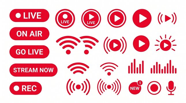 Red LIVE Broadcast Buttons and Streaming Signal Icons Set with Modern Minimal Vector Design
