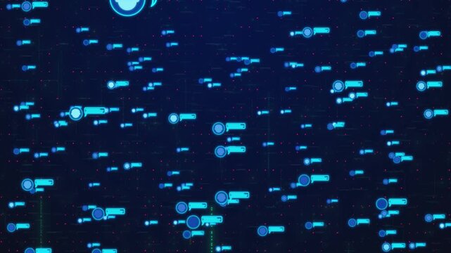 Abstract Digital Communication Network Background Animation Featuring Glowing Neon Blue User Profile Icons And Chat Speech Bubbles Floating Seamlessly On A Dark Futuristic Tech Grid Pattern With Scatt