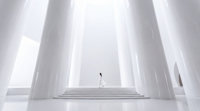 Woman Walking in Monumental Minimalist White Architectural Interior