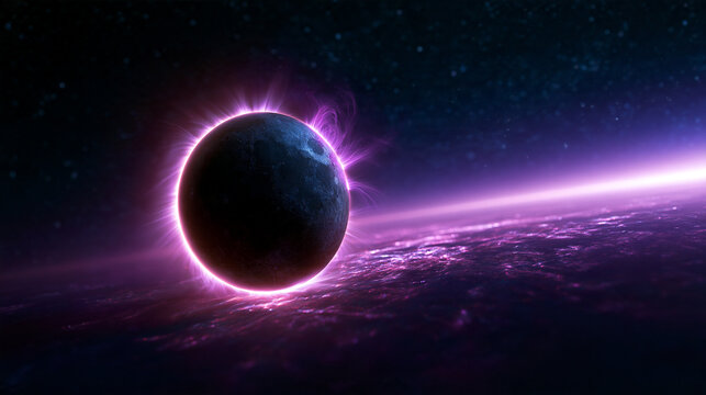 Planet Eclipse with Glowing Purple Atmosphere in Deep Space