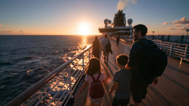 Family Walking on Cruise Ship Deck at Sunset