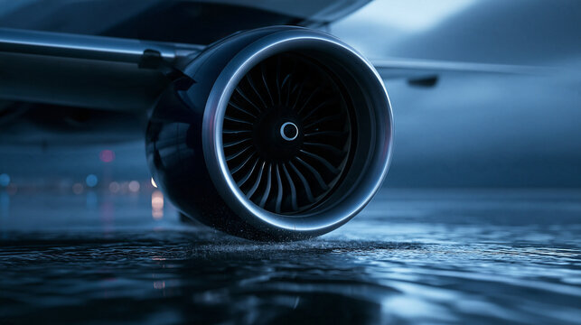 Airplane Jet Engine on Wet Airport Tarmac