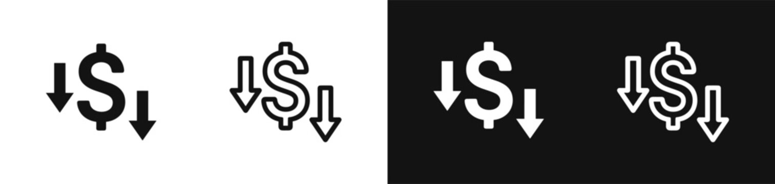 Dollar sign with down arrows icon set. Financial drop and loss symbols