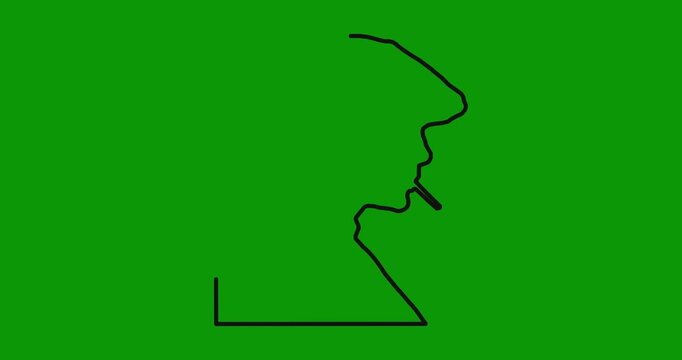 Minimalist outline drawing animation of male profile wearing flat cap smoking cigarette green screen.