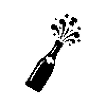 Pixel art champagne bottle popping with bubbles.