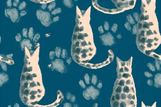 A seamless blue pattern with watercolor painted cats and paw prints, hand-painted spotted red cats, sitting cats, view from behind