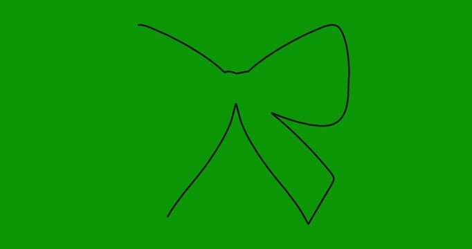 Simple line drawing animation of decorative gift ribbon bow isolated on bright green screen background.