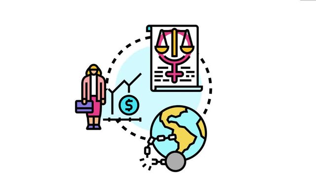Liberalism concept depicting justice scales, female empowerment, economic progress, and breaking chains of oppression for global freedom, promoting individual rights and societal advancement