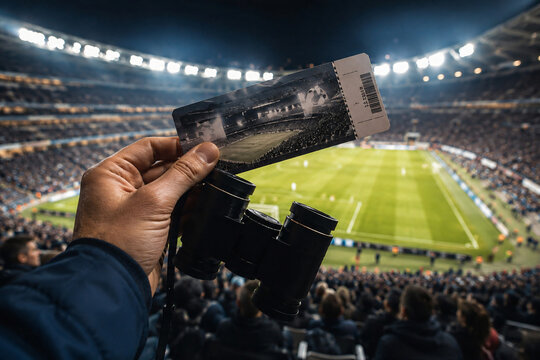 Spectator holding a soccer match ticket and binoculars in a packed illuminated stadium, capturing the excitement of live sports and matchday entertainment