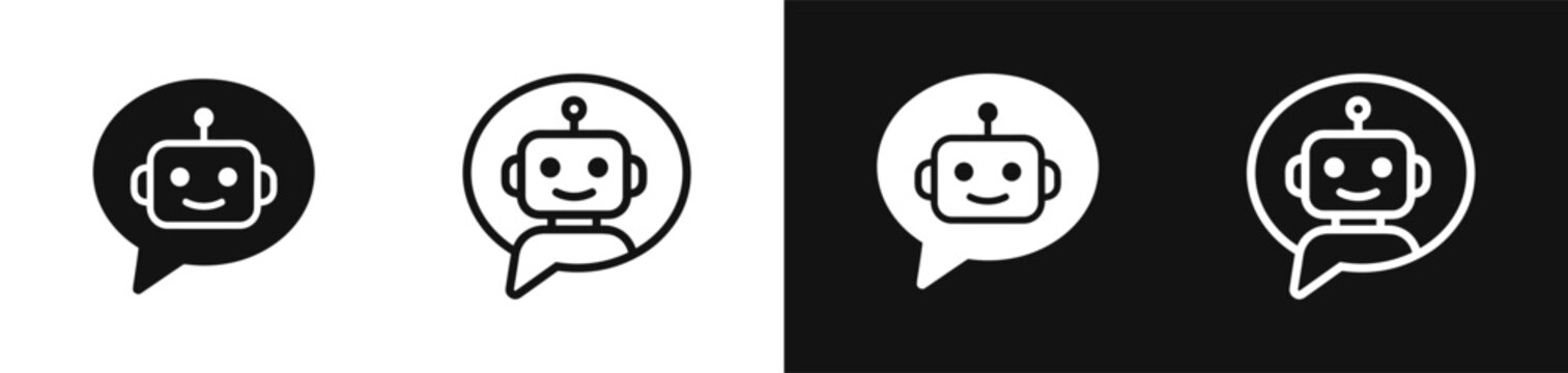 Friendly robot chatbot head in speech bubble icon set, AI assistant