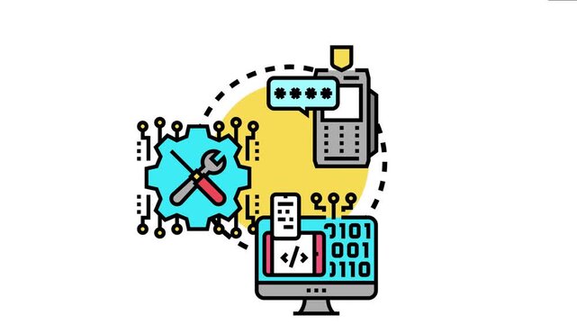Machine code developing concept visualizing a structured process involving digital security, software programming, and system configuration on computing devices