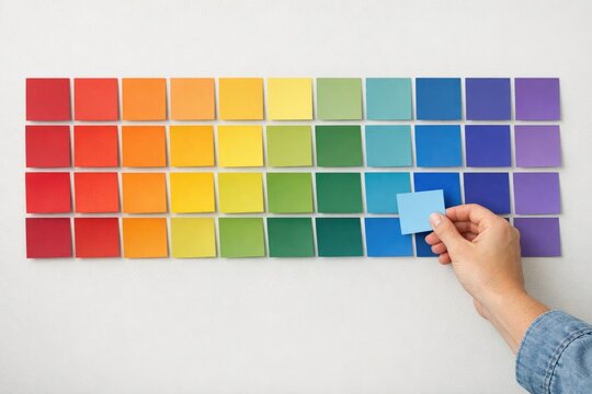 A person holds a piece of paper against a color chart for reference, potentially for color matching or design purposes
