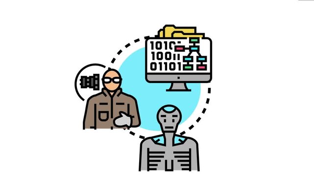 Machine code programming for artificial intelligence development, showing a human developer working with binary data, algorithms, and a robotic or cyborg figure representing advanced technology