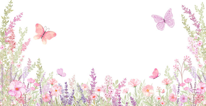 Watercolor Wildflower Floral Border with Butterflies, JPG 14998 x 6121 px, Botanical Garden Wallpaper 300dpi

