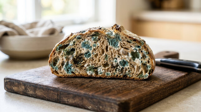 Close-up of moldy bread on a wooden cutting board. Spoiled half loaf with green and blue fungus in a kitchen setting. Food waste and decay concept