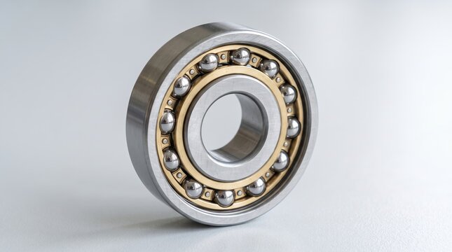 Steel ball bearing with brass cage on light background. Precision engineering machine component for industrial equipment.