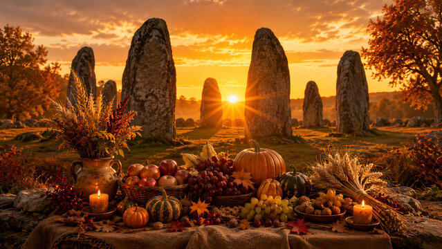 Autumn harvest altar with pumpkin, apple, grape and wheat at ancient stone circle at sunset. Mabon equinox celebration and thanksgiving ritual. Pagan wiccan sabbat and fall abundance concept