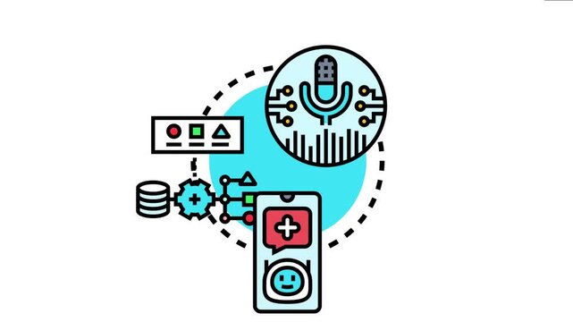 Machine learning assistant system icon data processing, voice interaction, and algorithmic analysis for smart device applications and user experience development