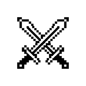 Pixel art crossed swords combat icon.