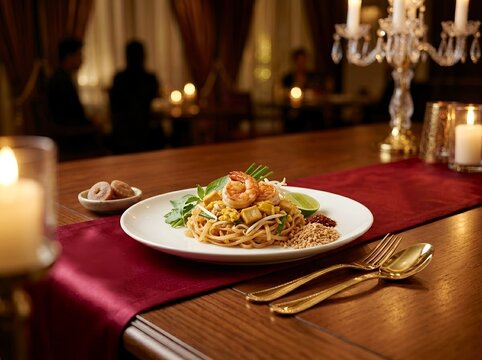 Pad Thai Noodle Dish with Fresh Prawns. Thai cuisine, street food, national dishes, culinary tourism, healthy seafood options, restaurant menu design, asian cooking recipes