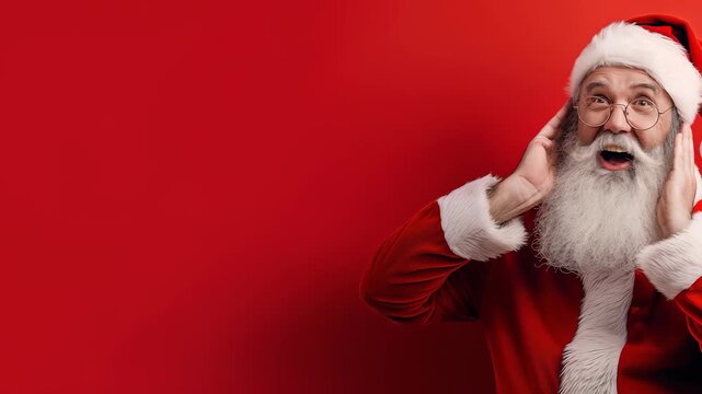 Santa Claus is caught in a moment of comical surprise, his hands raised to his head in a 'shocked' gesture. This festive portrait stands out against a bold red background.